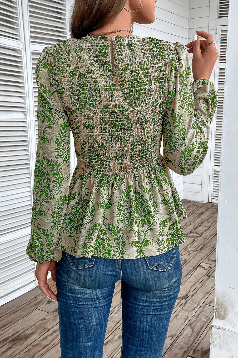 Smocked Printed Balloon Sleeve Blouse, image 11