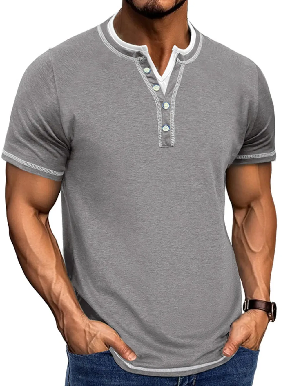 Men's Casual Henley Polo Shirt with Contrast Trim, image 7