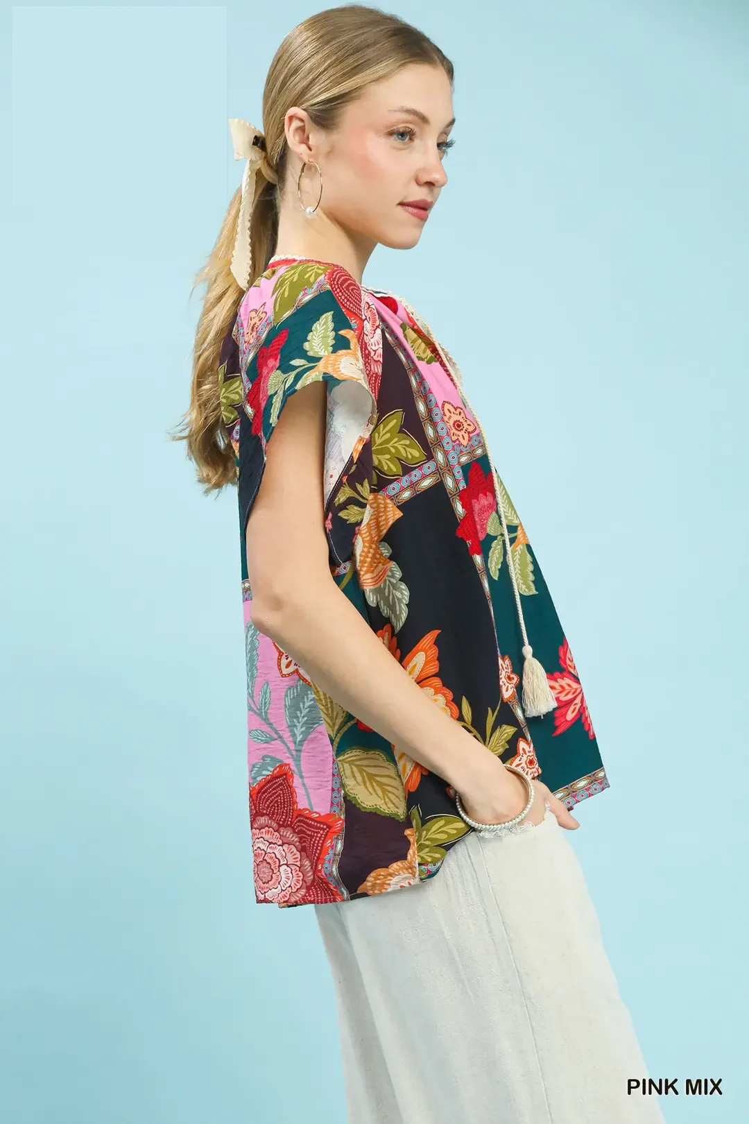 Mix Floral Patchwork Tassel Tie Top, image 2