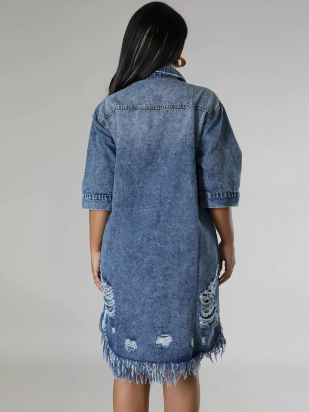 Plus Size Distressed Frayed Hem Button-Down Denim Dress, image 4