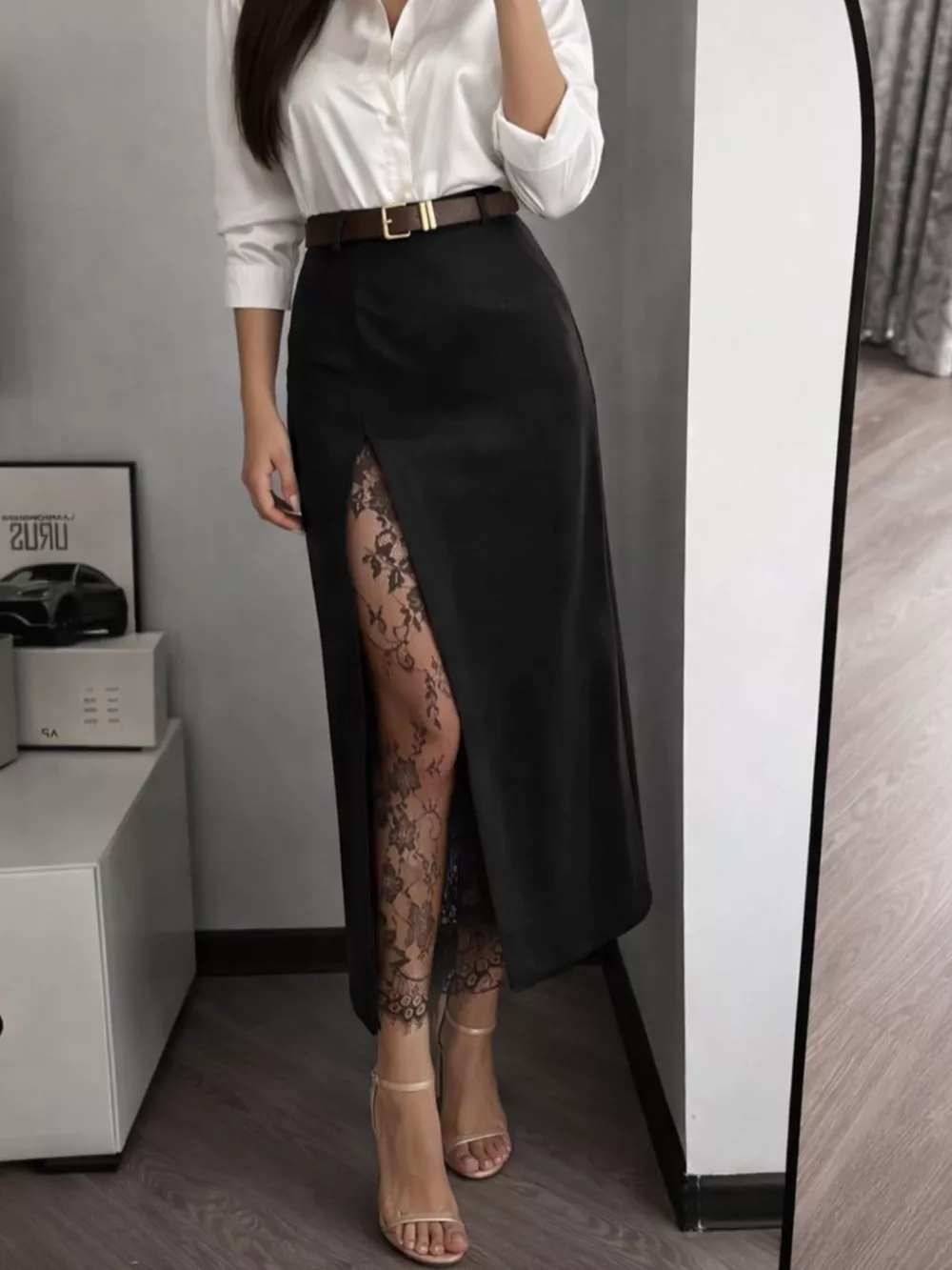 Elegant Lace-Trimmed Slit A-Line Skirt, image 15