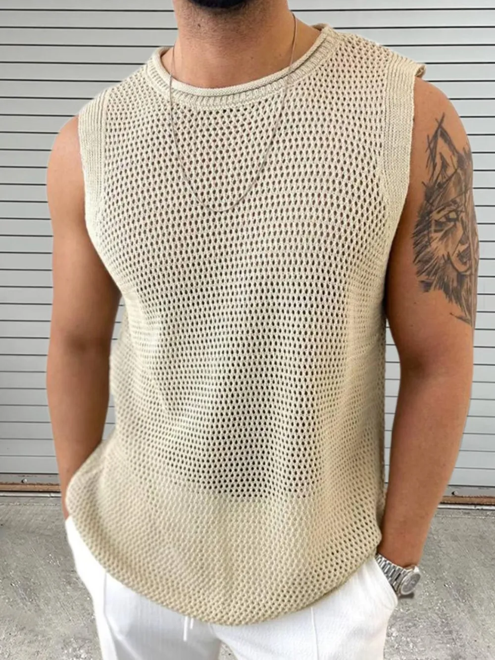 Men's Openwork Round Neck Sleeveless Knit Top, image 2