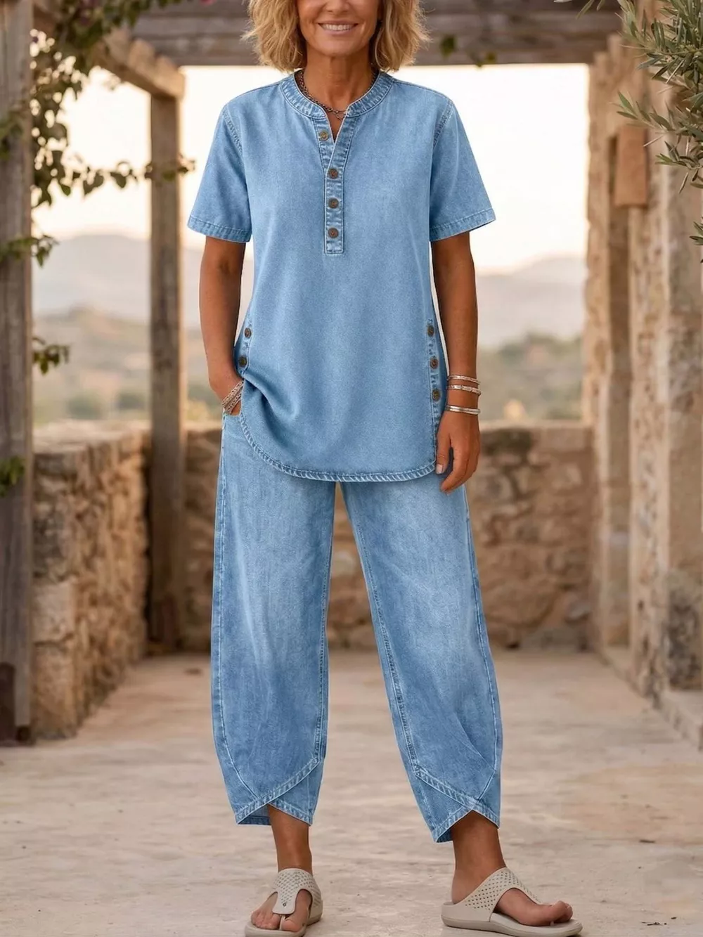 Full Size Casual Half-Button Top and Cropped Pants Denim Set Plus Size