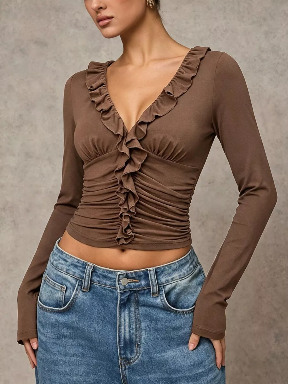 V-Neck Ruffle Trim Ruched Long Sleeve Slim Fit Top, image 4