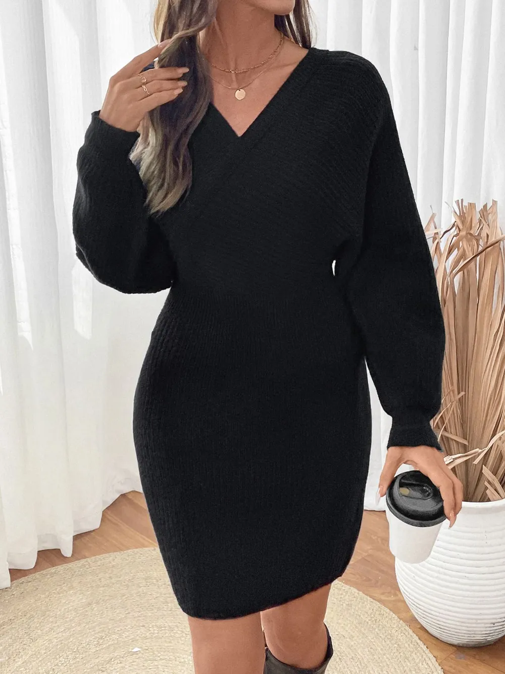Surplice Long Sleeve Sweater Dress, image 3
