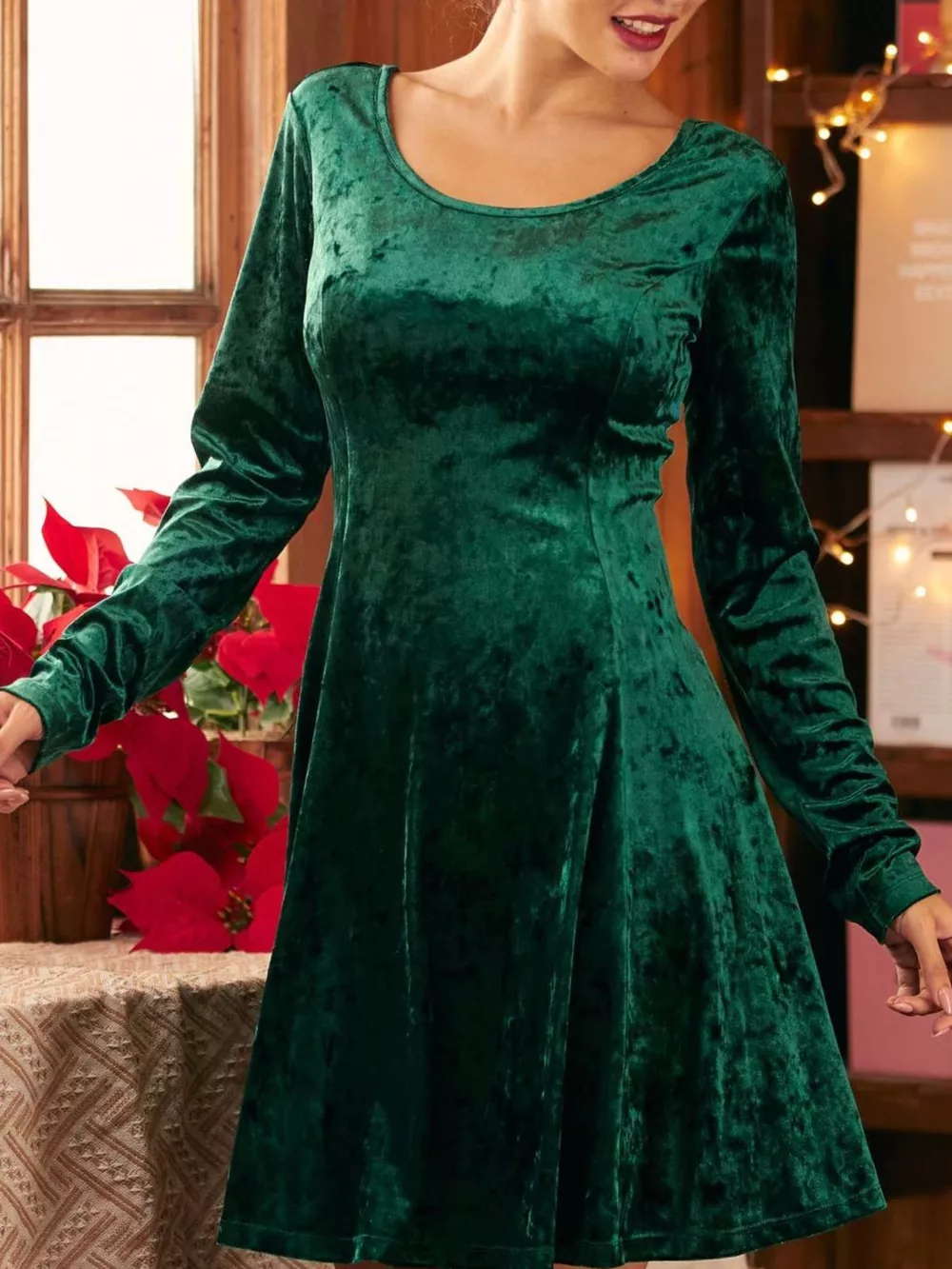 Velvet Round Neck Long Sleeve Dress, image 2