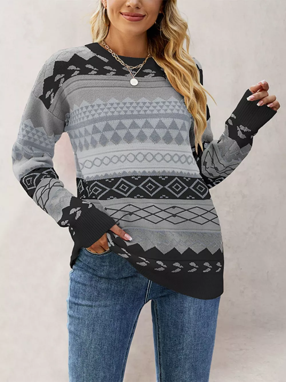 Geometric Pattern Dropped Shoulder Sweater, image 6