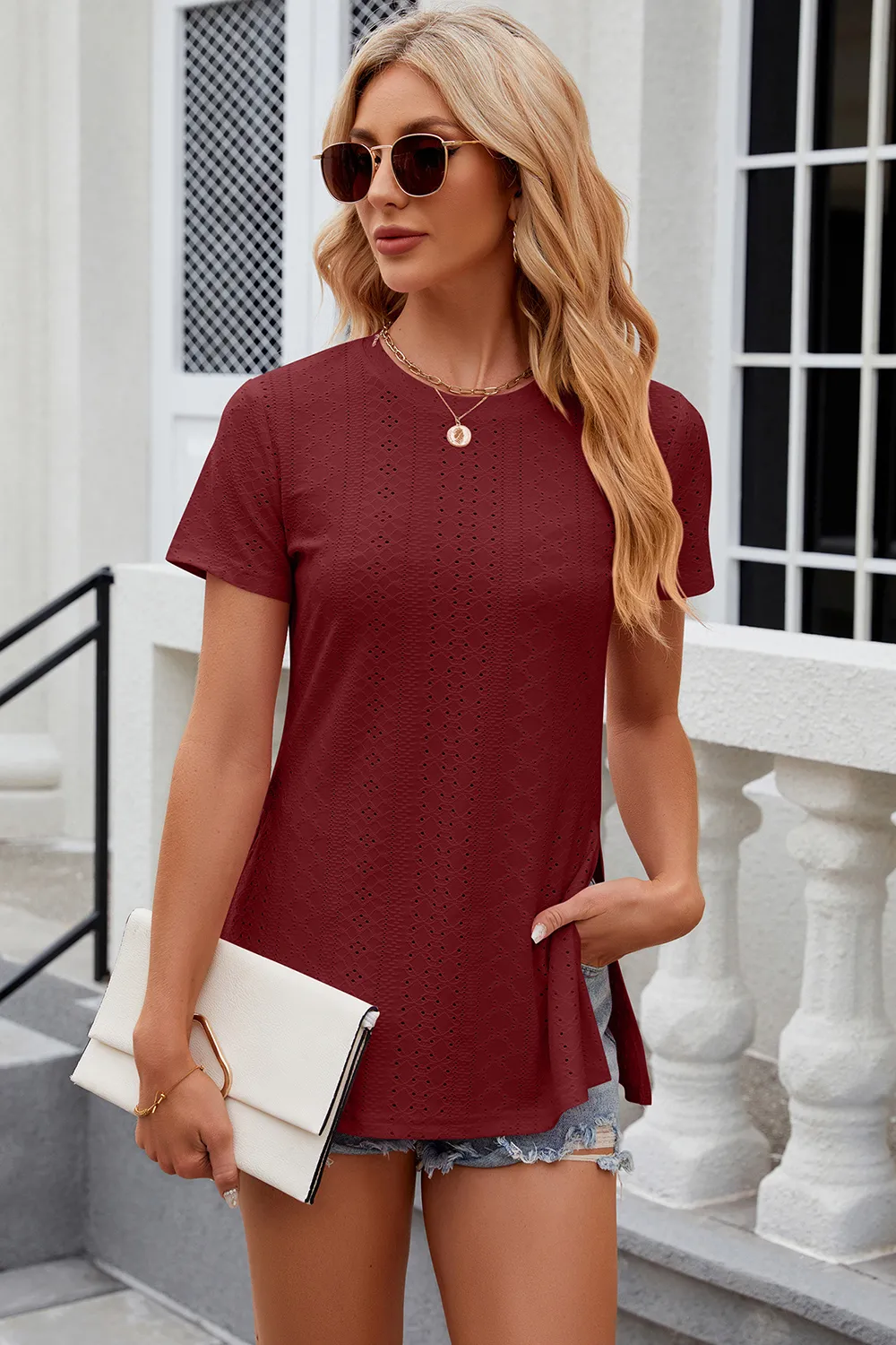Eyelet Slit Round Neck Short Sleeve T-Shirt, image 6
