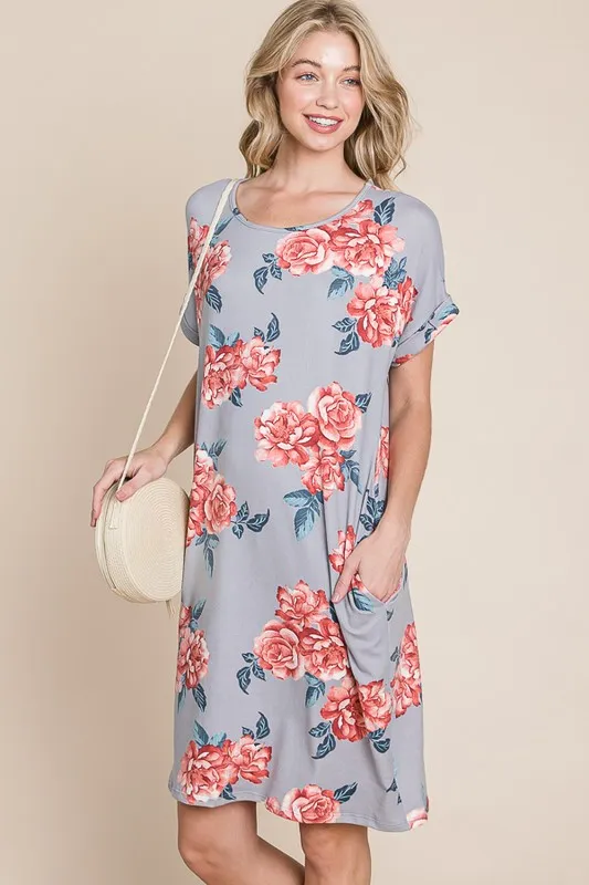 Floral Round Neck Short Tee Dress with Pockets, image 2