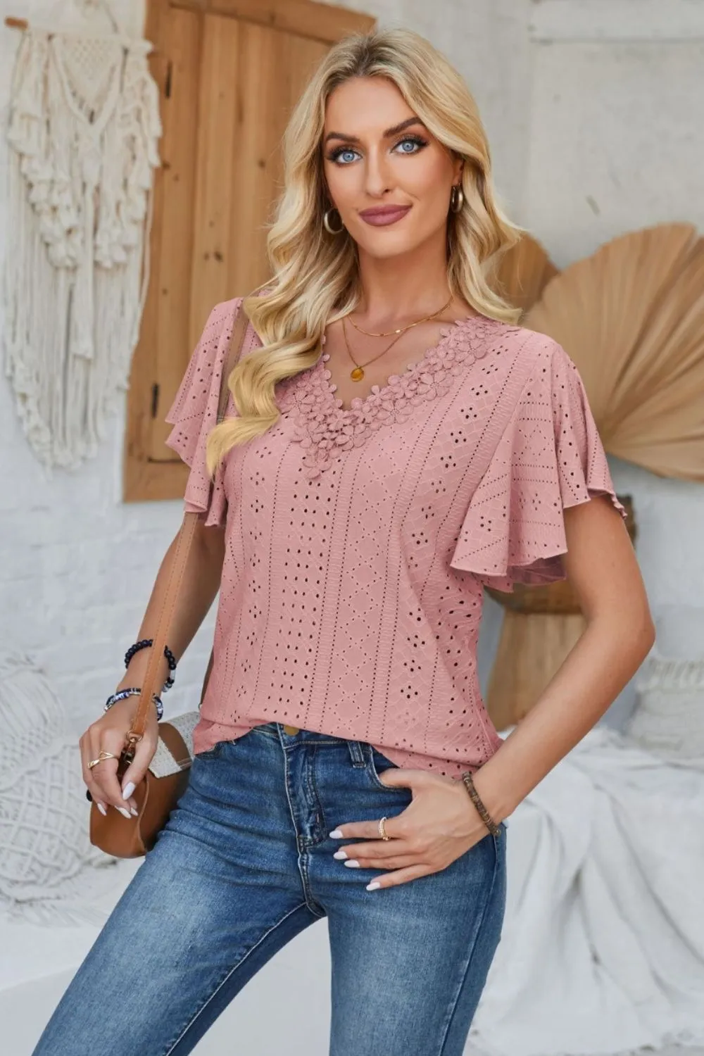 Eyelet Applique V-Neck Cap Sleeve T-Shirt, image 26