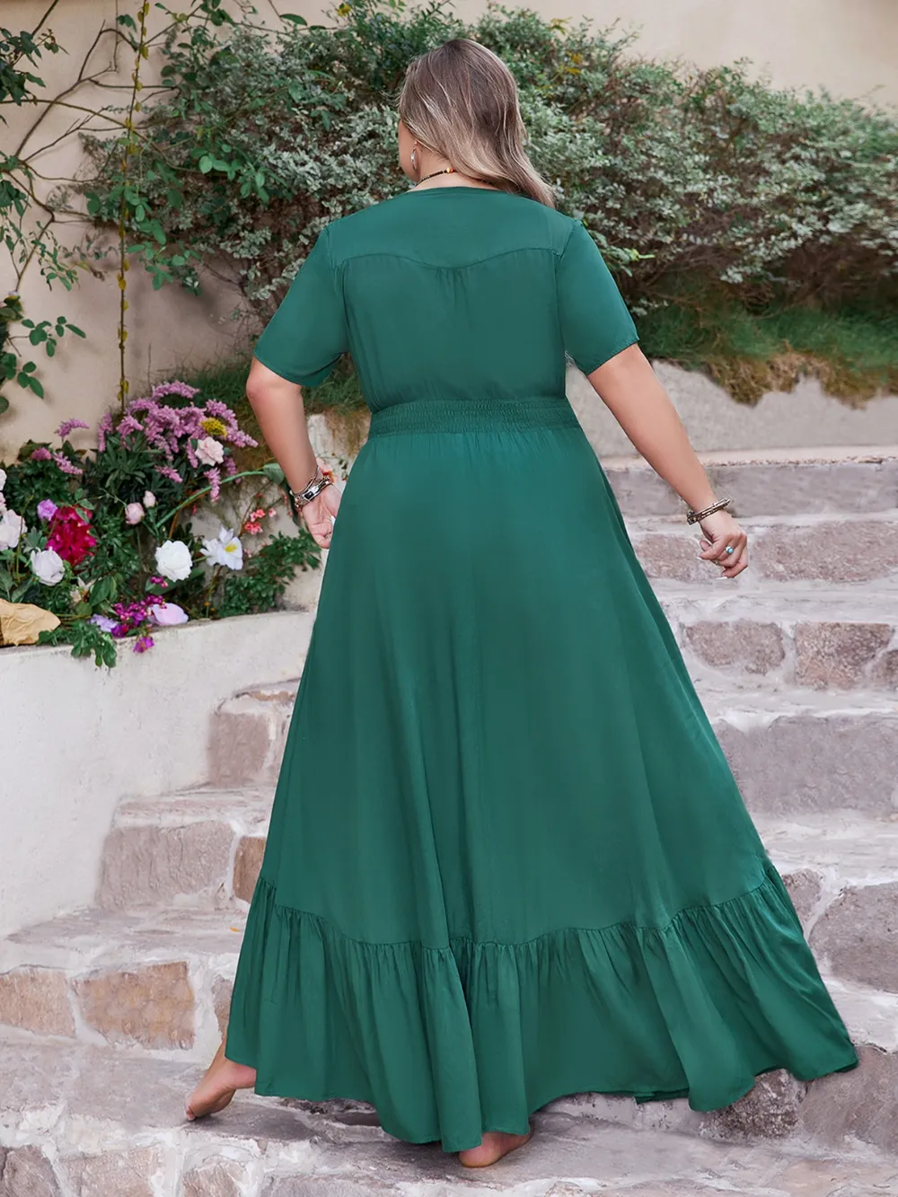 Plus Size Button Detail V-Neck Short Sleeve Maxi Dress, image 7
