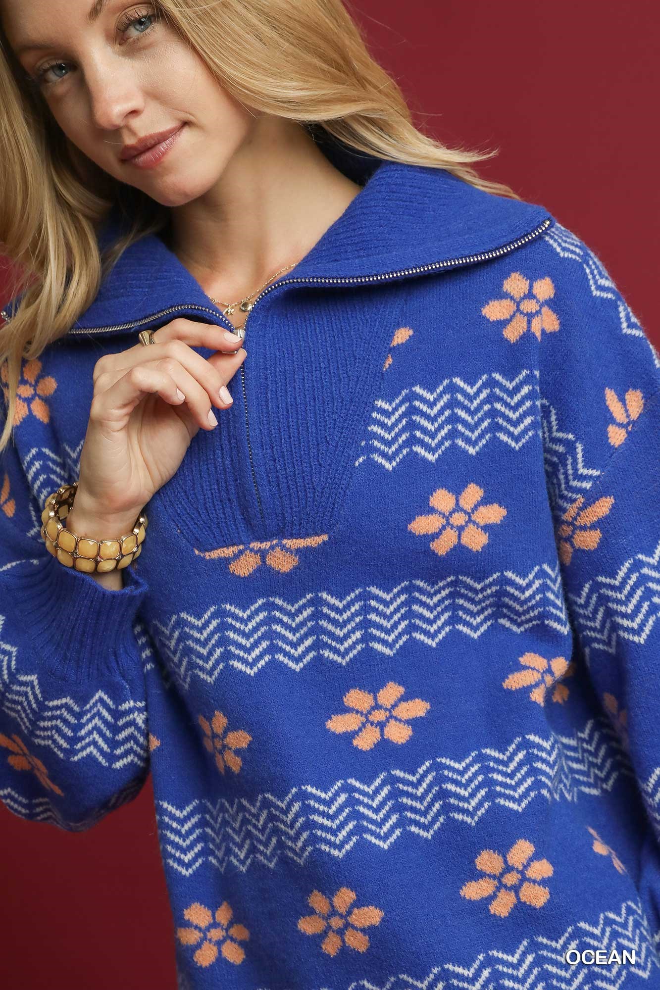 Floral Patterned Jacquard Quarter-Zip Pullover Sweater, image 5