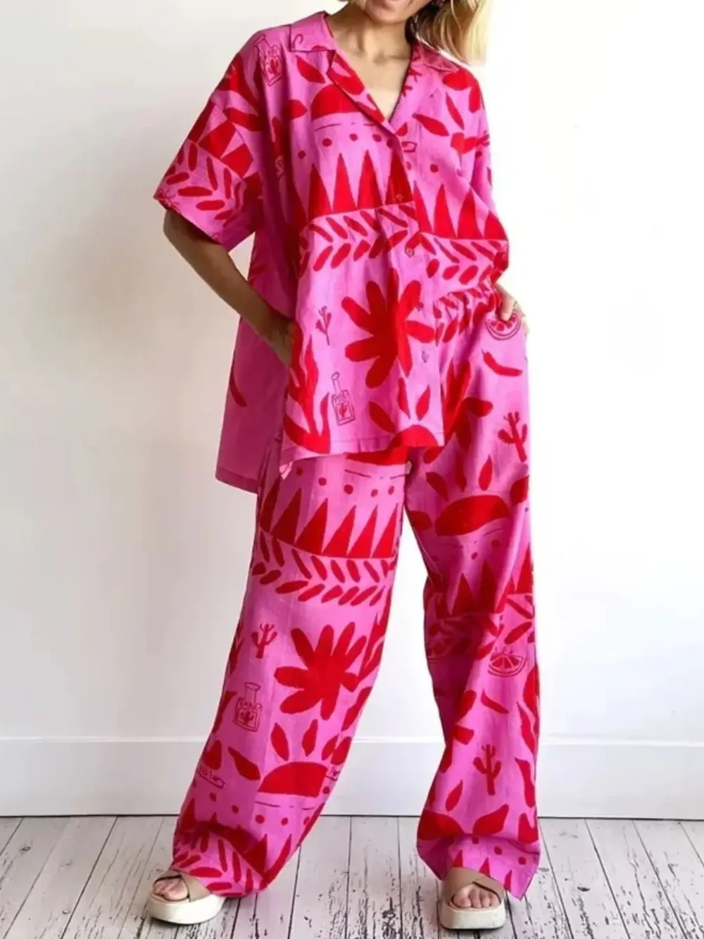Printed Button Up Shirt and Pants Set, image 3