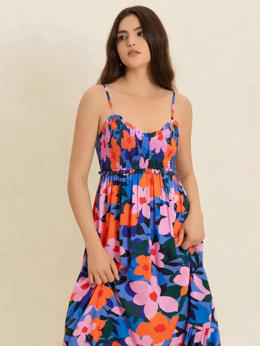 Smocked Back Ruffled Hem Printed Cami Dress, image 6