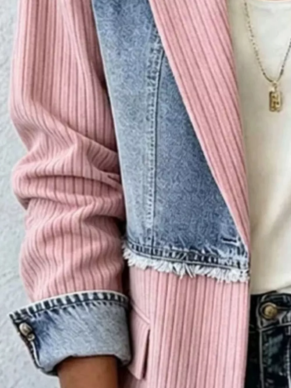 Full Size Patchwork Denim Ribbed Blazer Plus Size, image 10