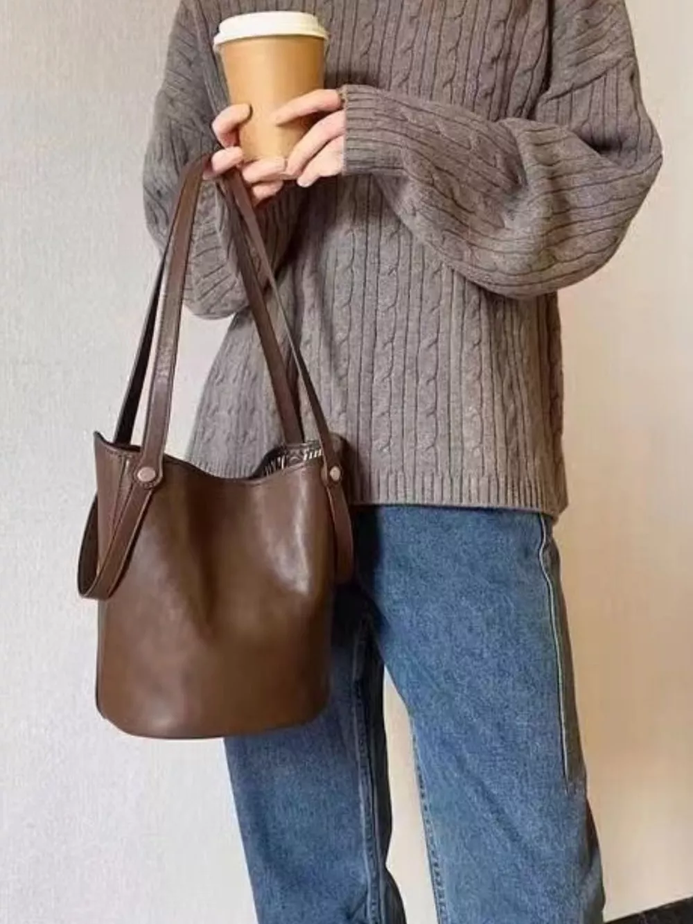 Leather Bucket Tote Bag, image 4