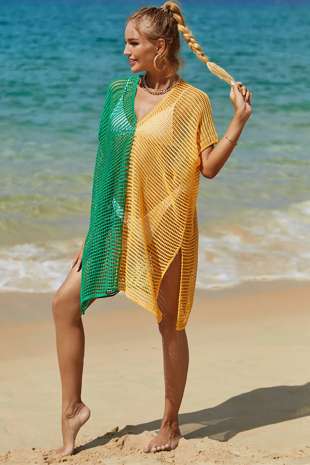 Openwork Contrast Slit Knit Cover Up, image 11