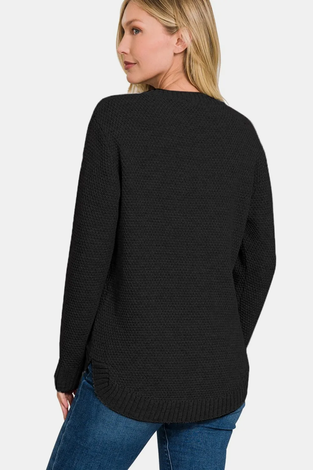 Full Size Round Neck Long Sleeve Curved Hem Sweater, image 2