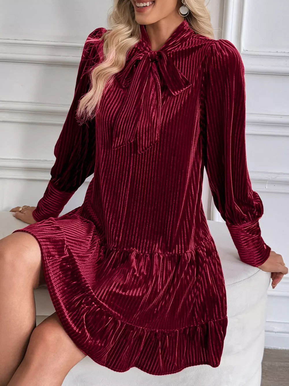 Velvet Tie Front Tiered Mini Dress, image 2