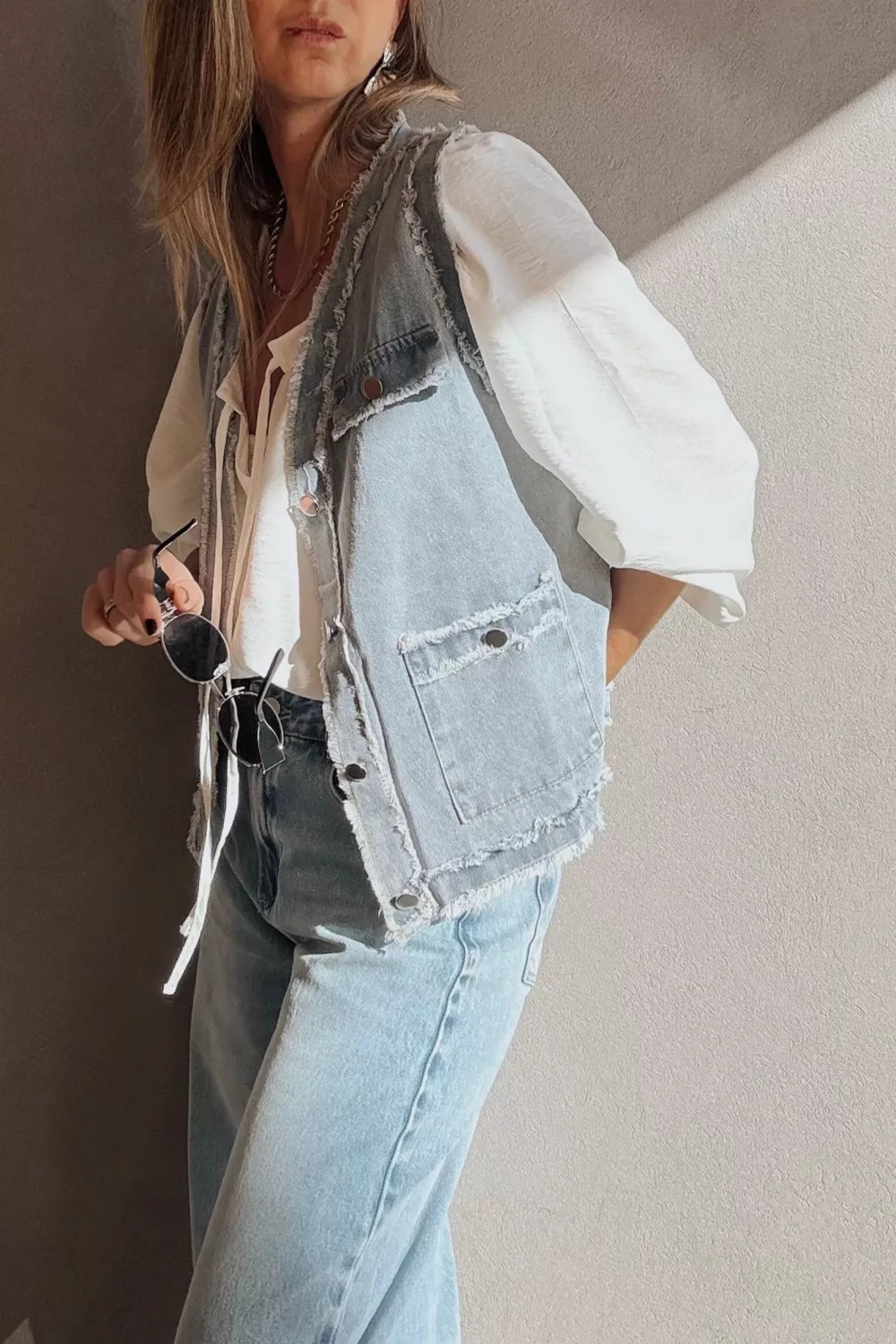 Frayed Edge Flap Pockets Denim Vest Jacket, image 7