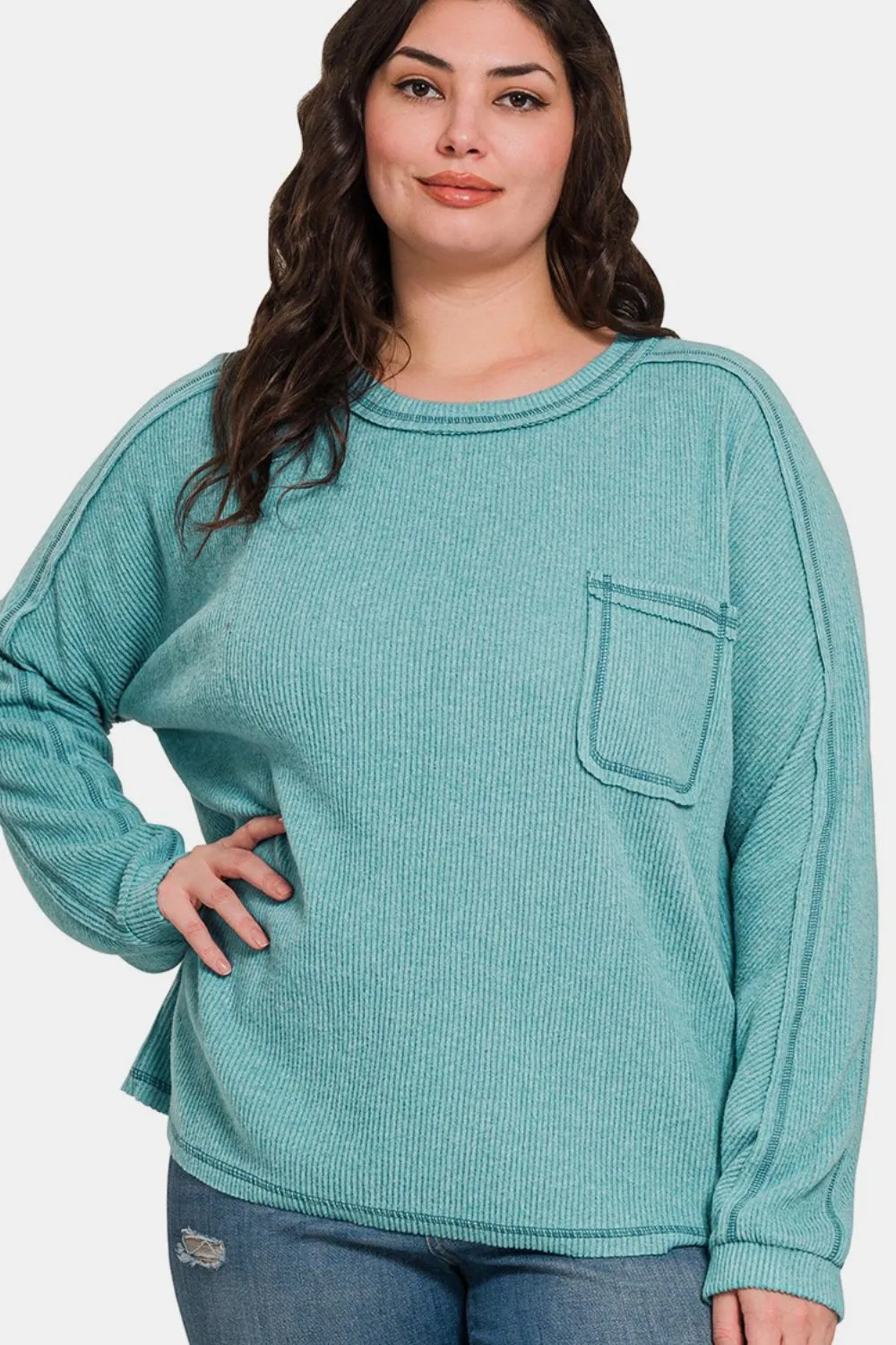 Full Size Contrast Stitching Brushed Ribbed Hacci Knit Top Plu Size, image 4