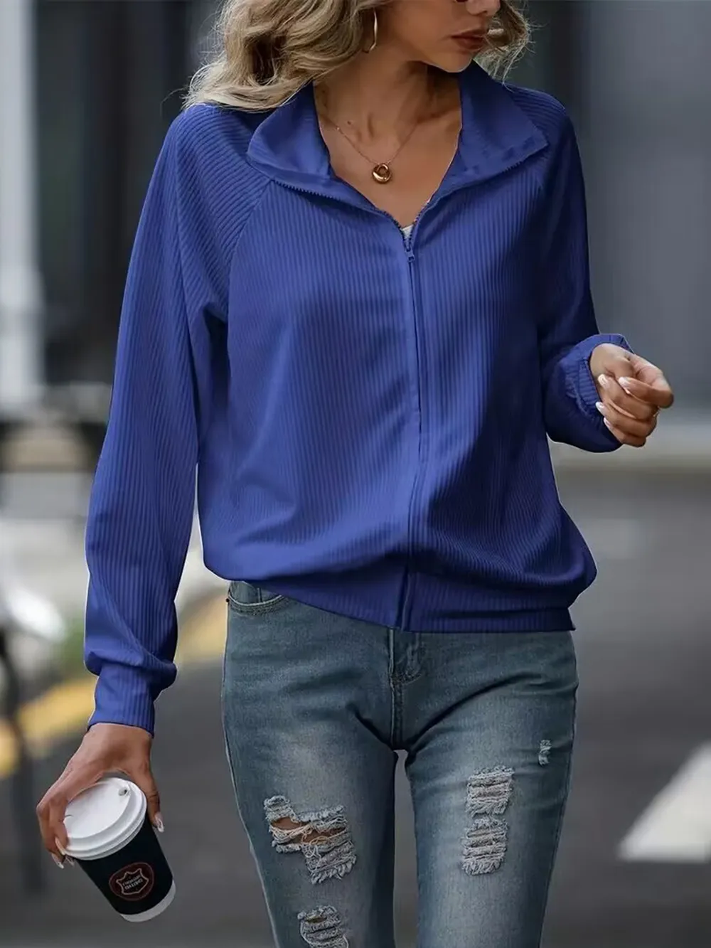 Zip Up Collared Neck Raglan Sleeve Jacket, image 11