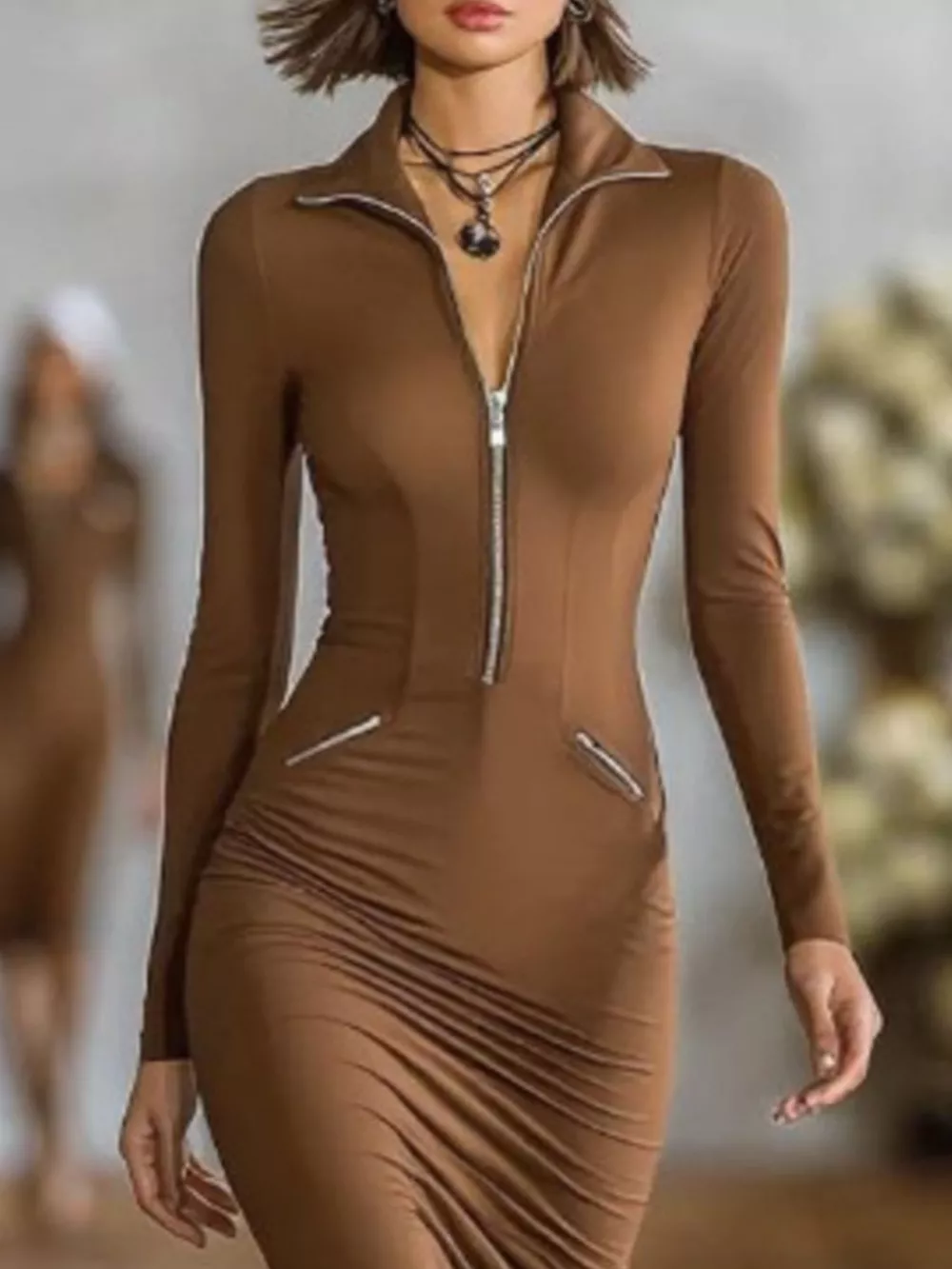 Full Size Zip-Front Bodycon Midi Dress Plus Size, image 11