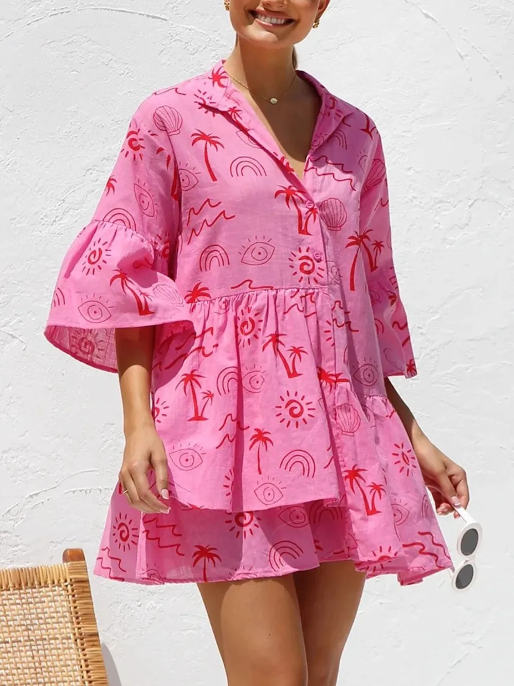Button Detail Ruffled Hem Printed Mini Dress, image 5