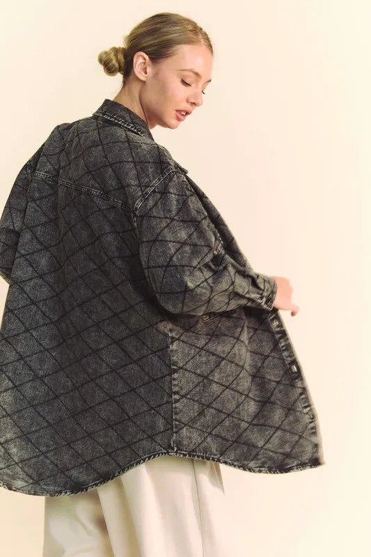 Curved Hem Diamond Quilted Button Up Denim Shacket, image 4