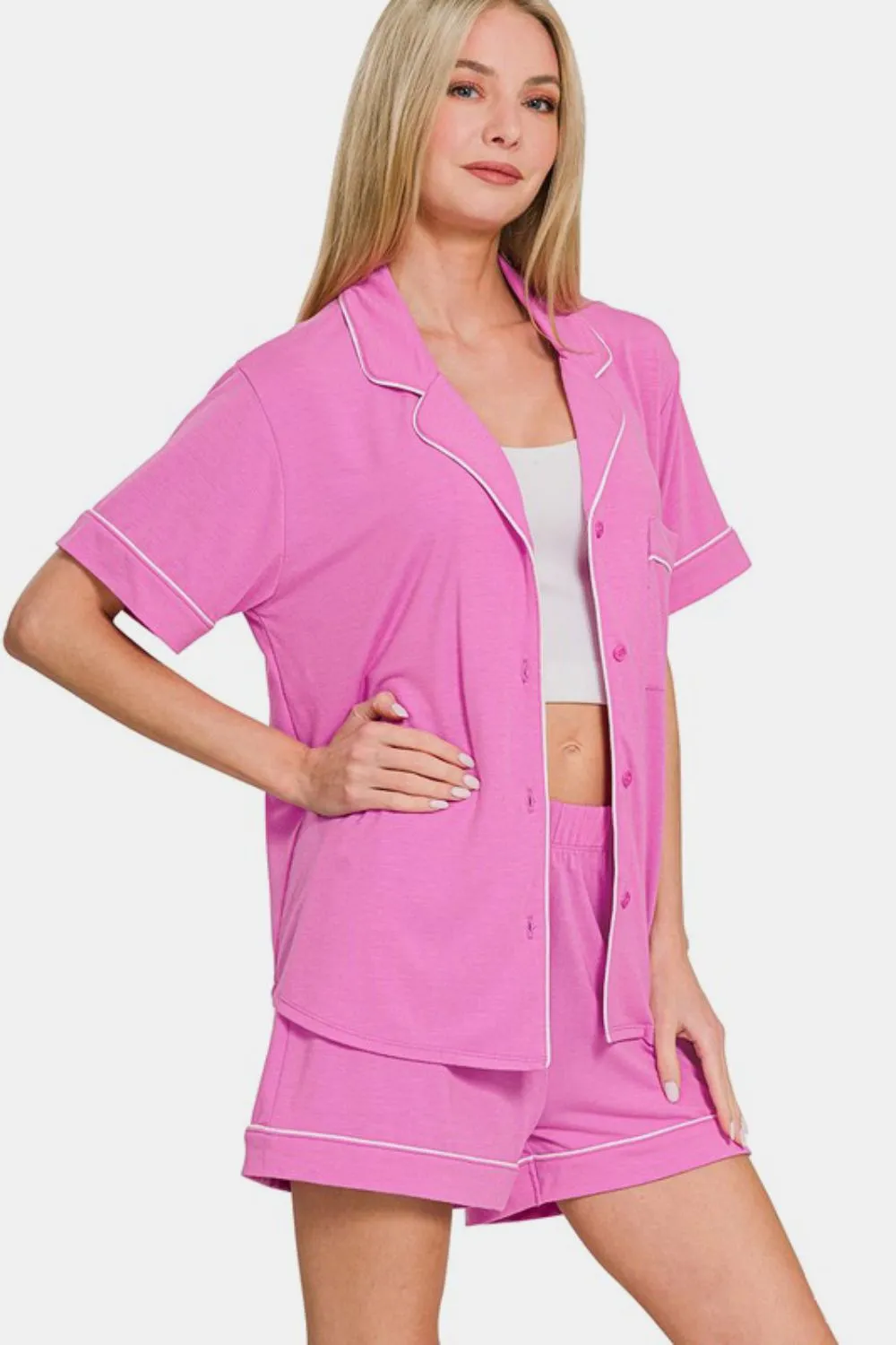 Button Down Short Sleeve Top and Shorts Lounge Set, image 3