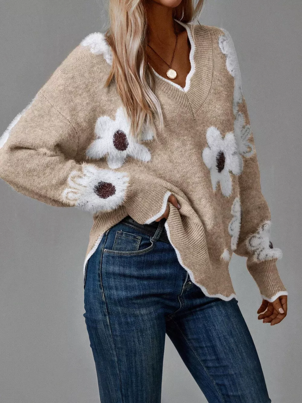 Floral V-Neck Long Sleeve Sweater, image 8