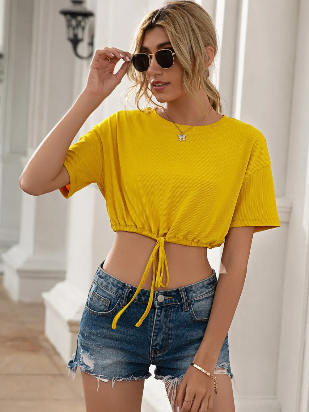 Drawstring Round Neck Short Sleeve T-Shirt, image 2