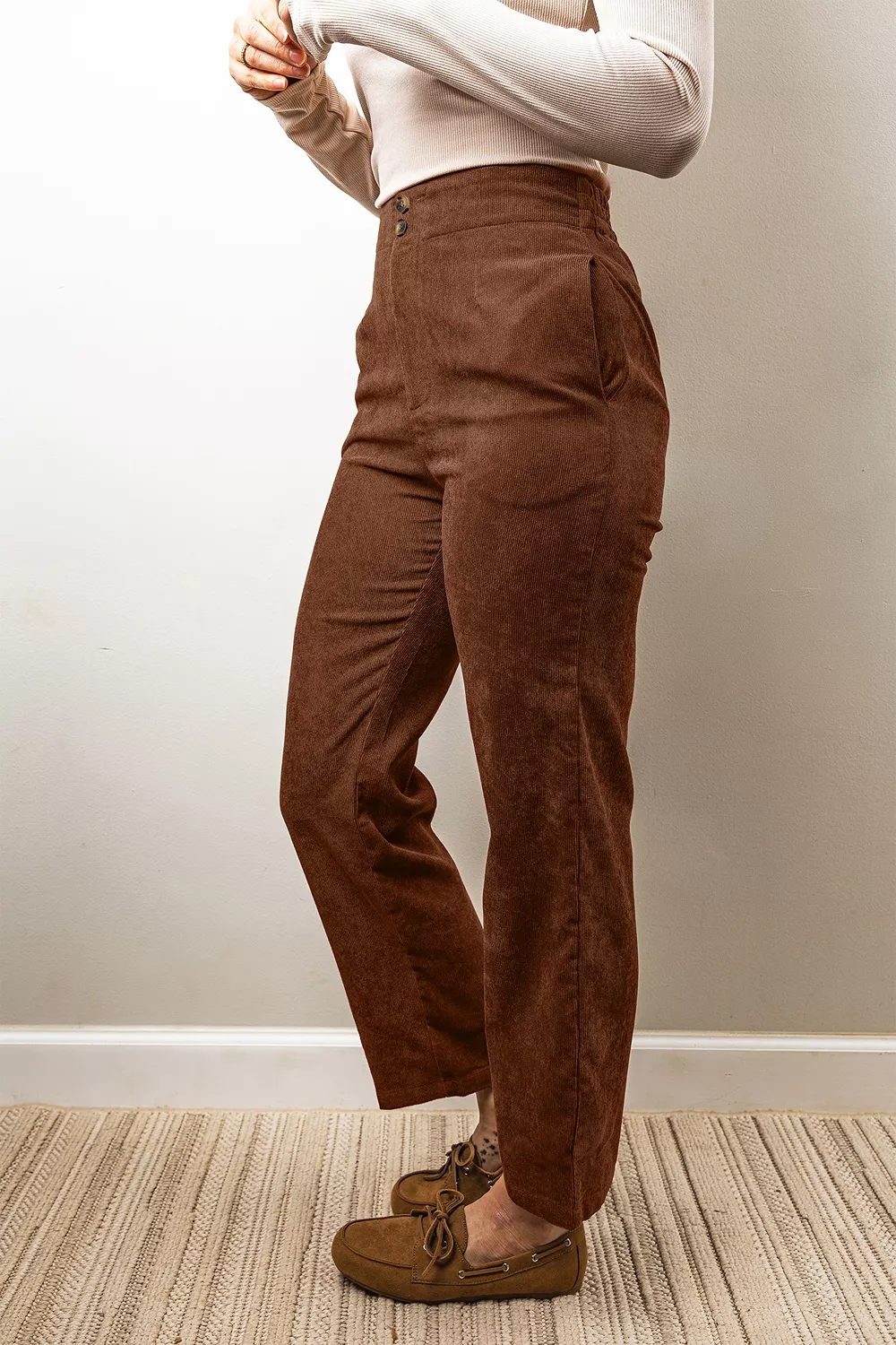 Elastic Waist Straight Leg Ankle Length Corduroy Pants, image 6