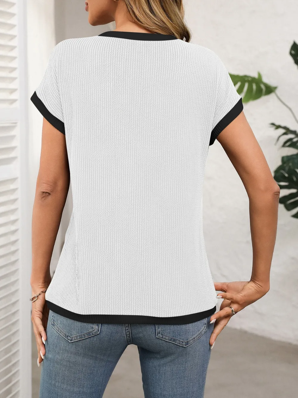 Contrast Trim Round Neck Short Sleeve T-Shirt, image 19