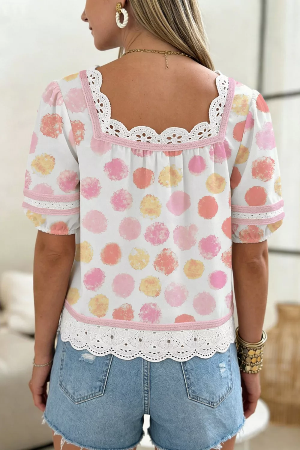 Polka Dot Lace Trim Square Neck Puff Sleeve Blouse, image 5
