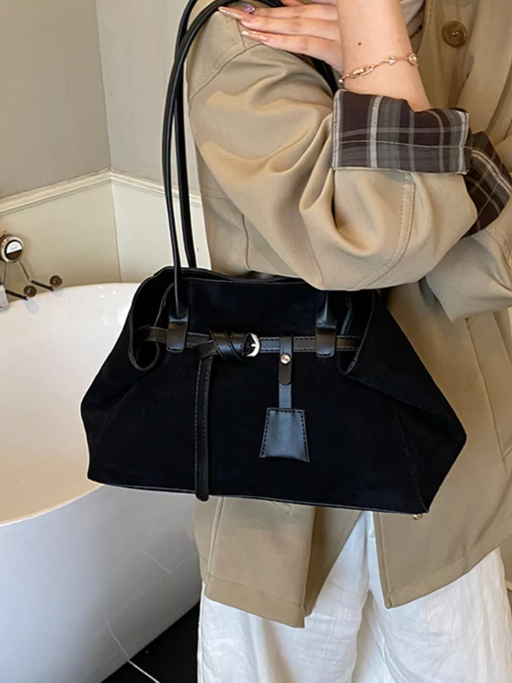 Suede Decorative Belt Buckle Shoulder Bag, image 2