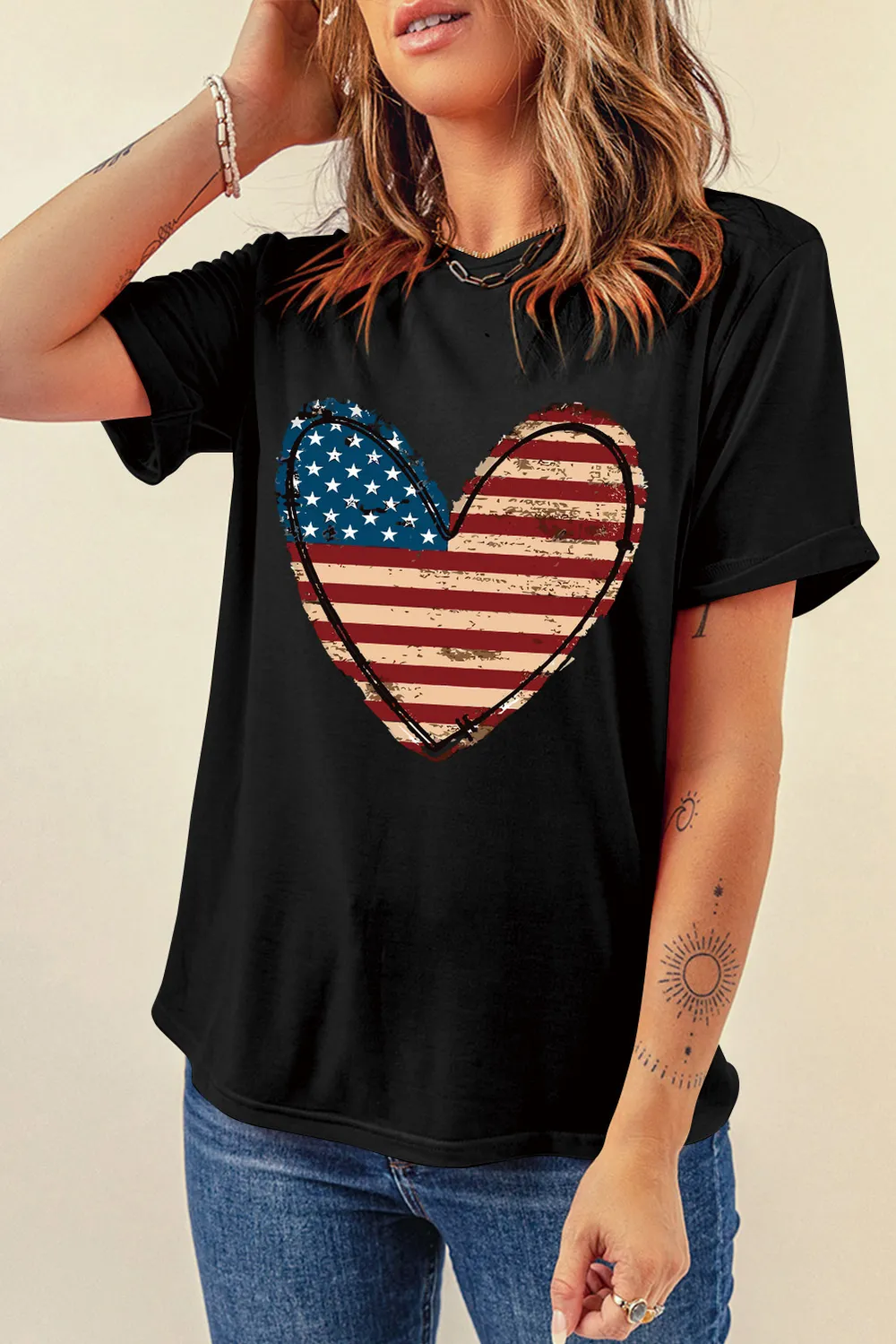 Stars and Stripes Heart Round Neck Short Sleeve T-Shirt, image 4