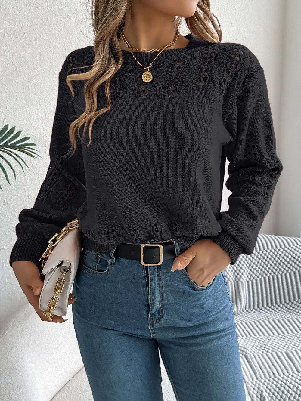 Openwork Round Neck Long Sleeve Sweater, image 11