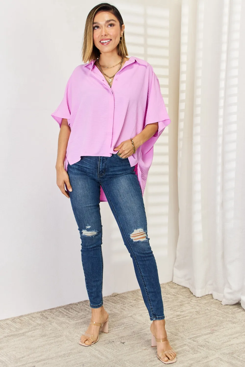 Texture Button Up Short Sleeve High-Low Shirt, image 4