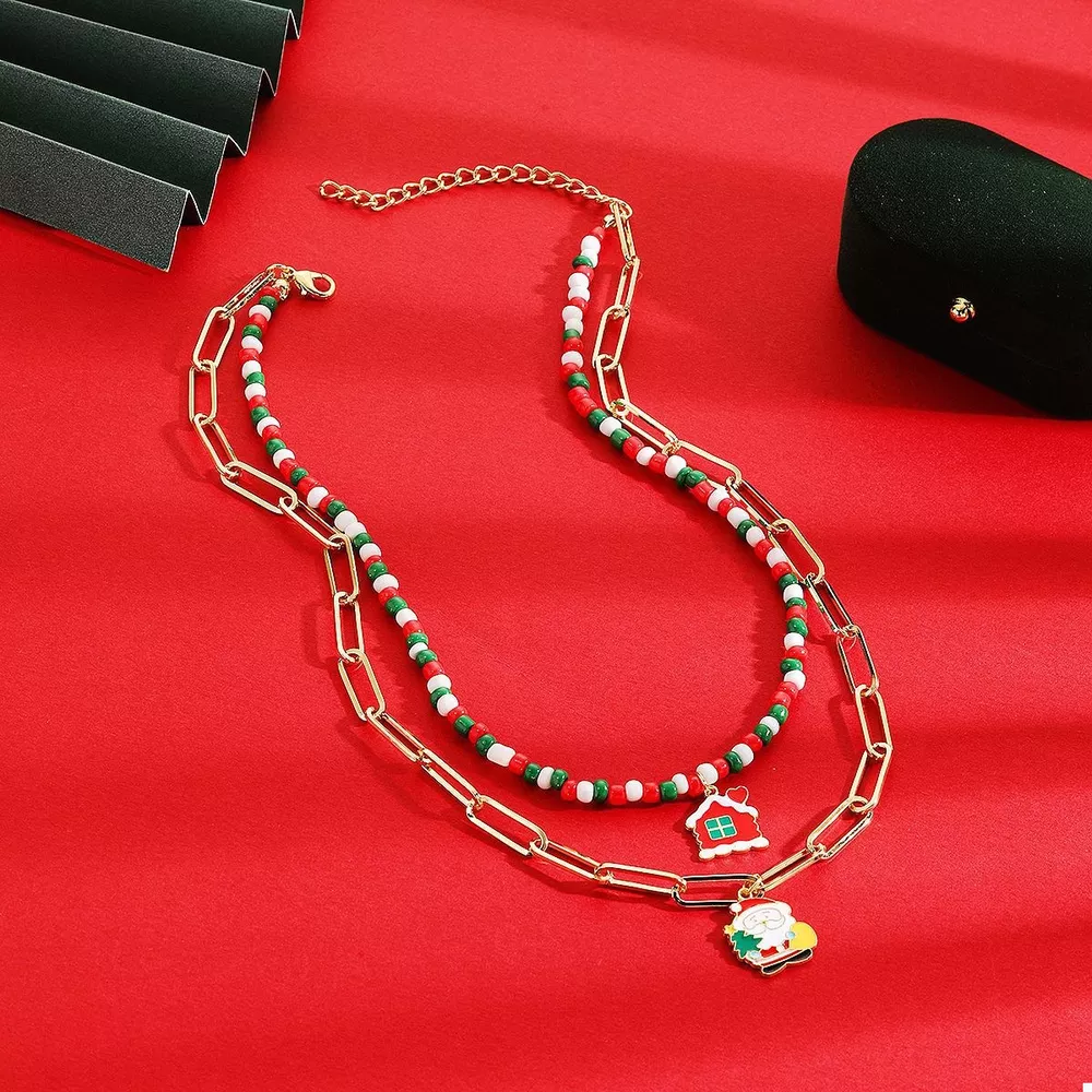 Christmas Double-Layer Necklace with Colorful Beads and Pendant, image 2