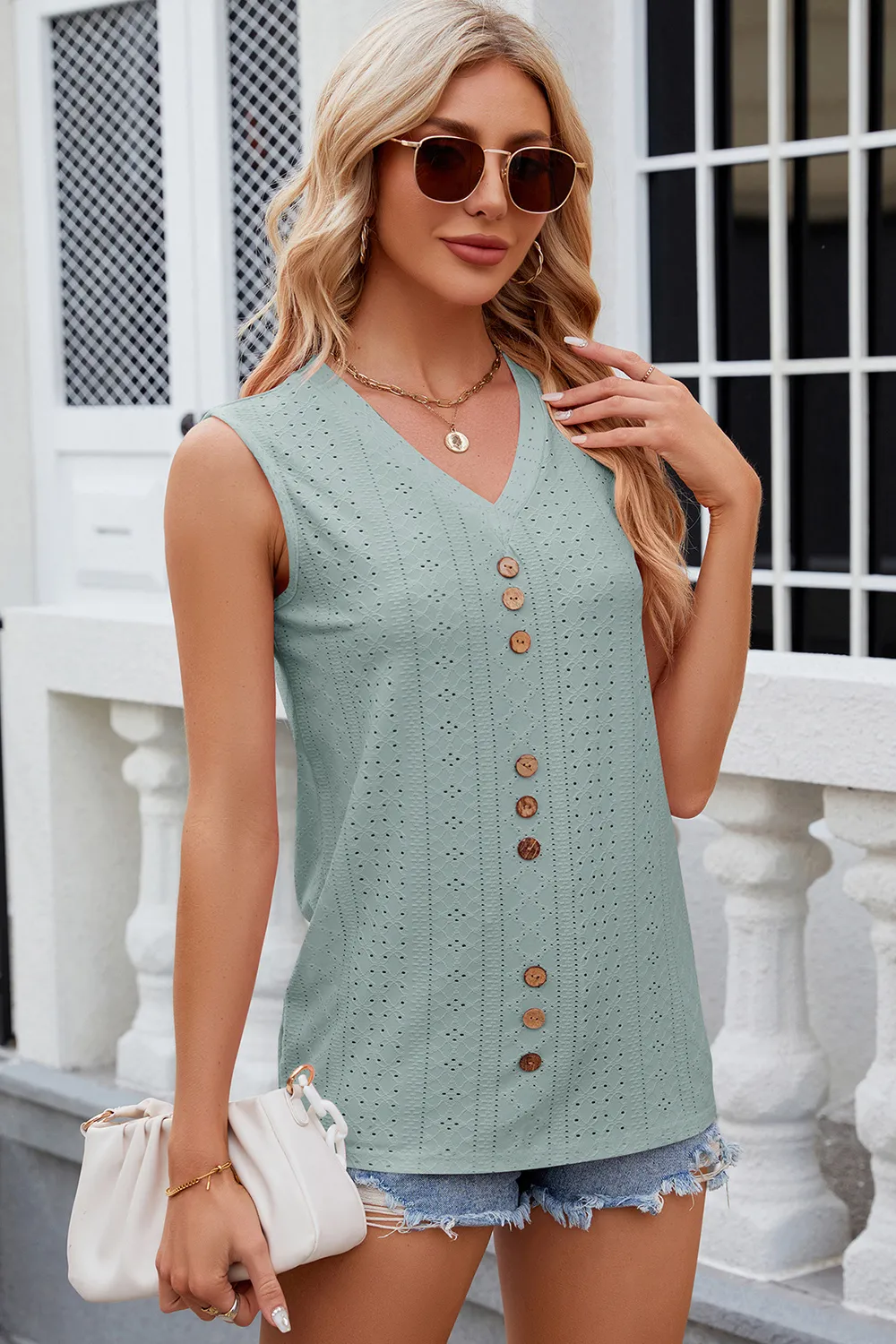 Decorative Button Eyelet V-Neck Tank, image 14