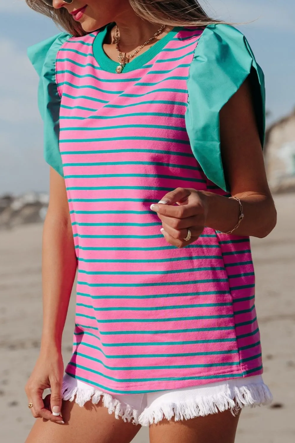 Striped Round Neck Cap Sleeve Blouse, image 8
