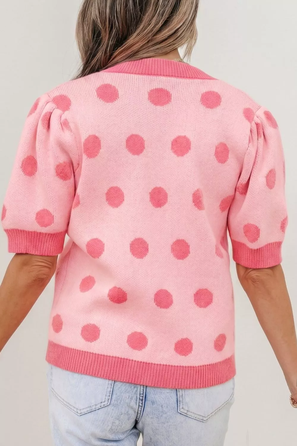 Polka Dot Puff Short Sleeve Sweater Top, image 5