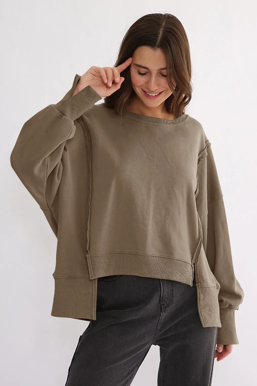 Exposed Seam High-Low Long Sleeve Sweatshirt, image 4