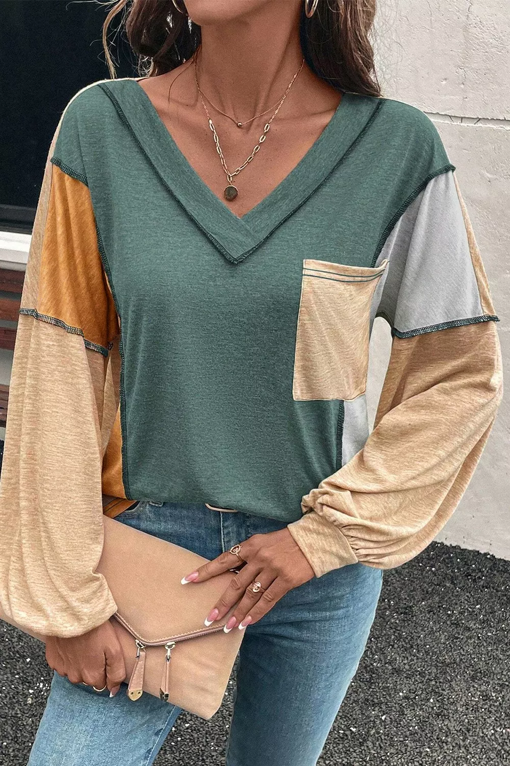 Color Block V-Neck Long Sleeve T-Shirt, image 4