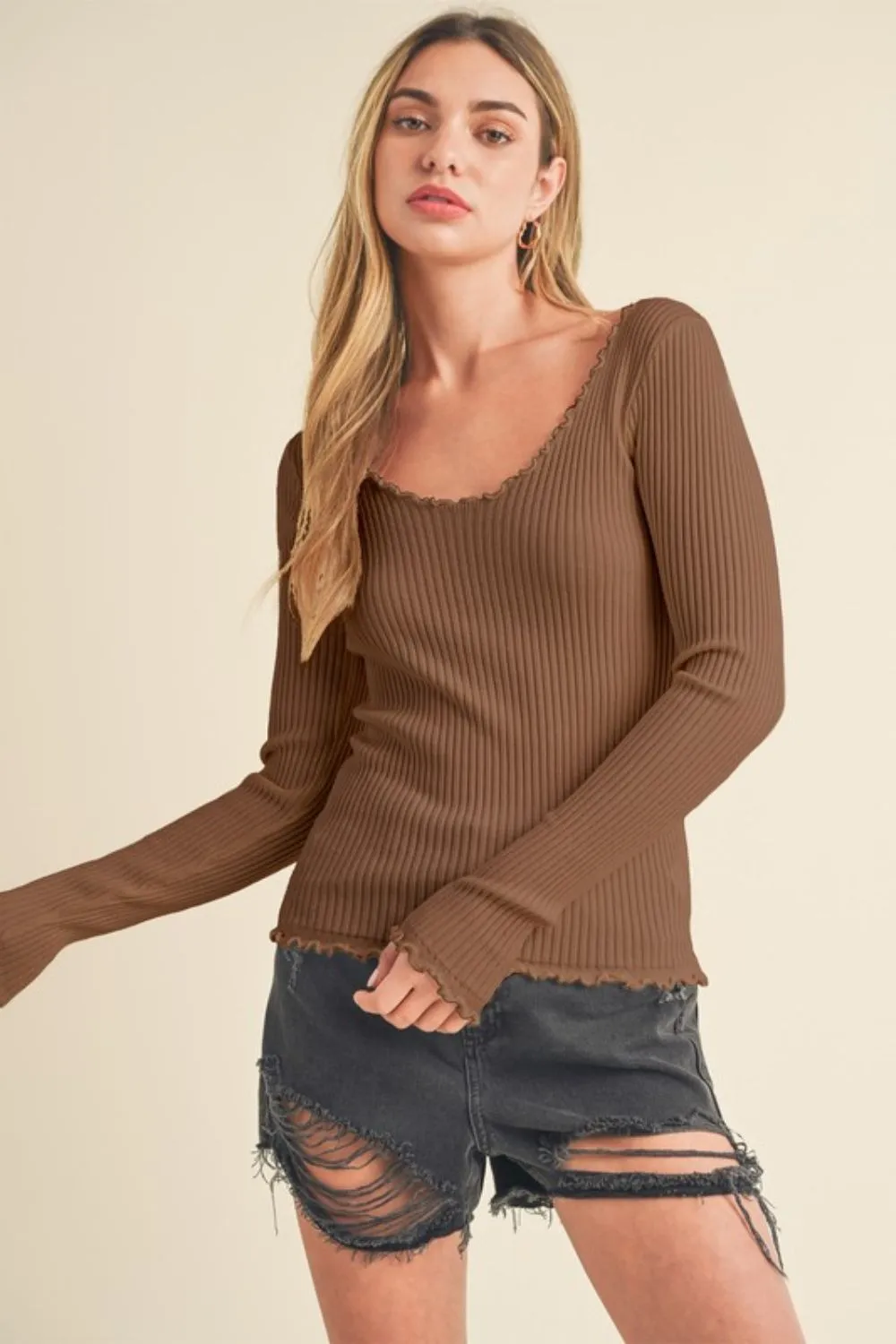 Lettuce Hem Scoop Neck Long Sleeve Knit Top, image 2