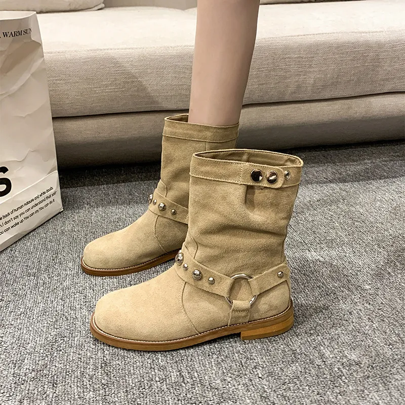 Studded Suede Mid-Calf Harness Boots, image 2