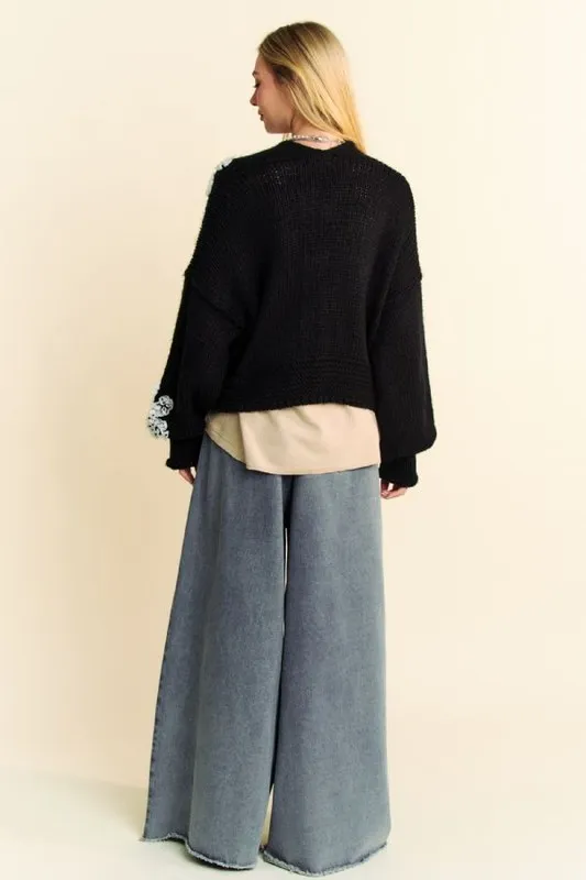 Floral Applique Open Front Dropped Shoulder Cardigan, image 3