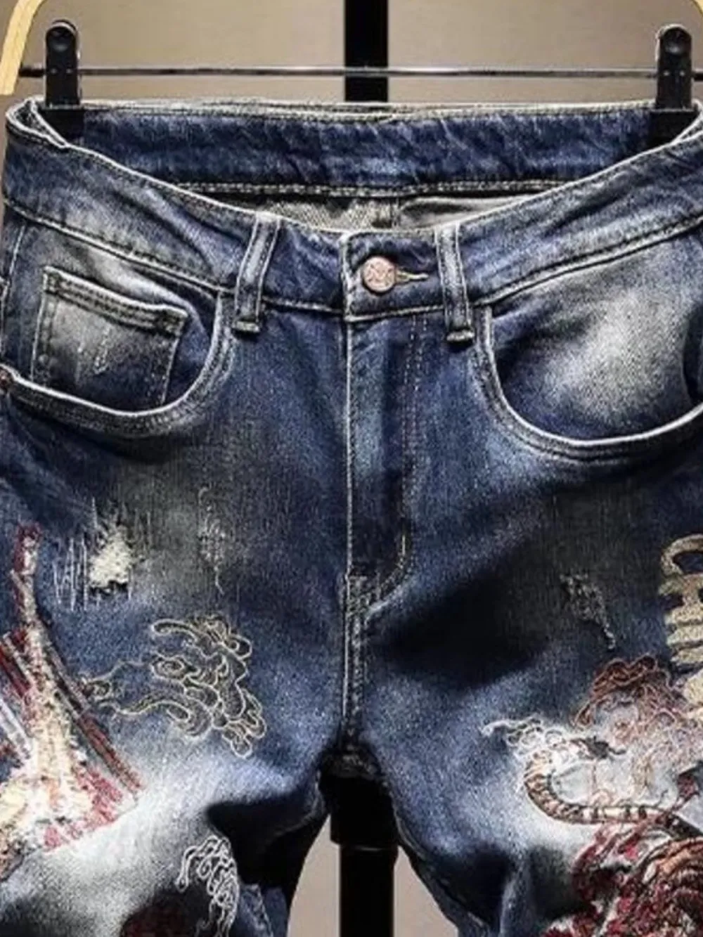 Men's Distressed Embroidered Jeans, image 3