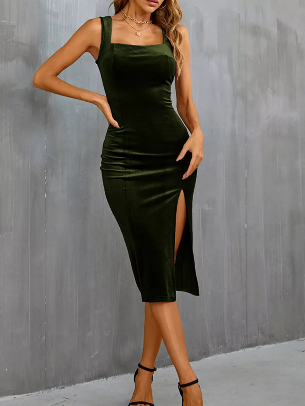 Velvet Slit Wide Strap Midi Dress, image 5